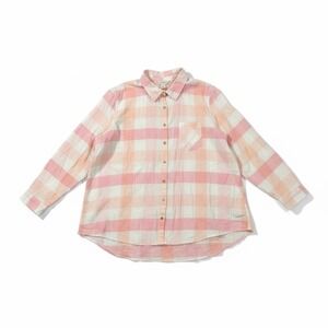 CJ‎ Banks Women 3X Pink Peach Plaid Button Front Cotton Shirt Plus Size